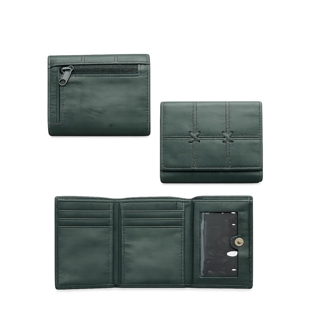 Genuine Leather Dark Green Tri-Fold Wallet Multi Card Organizer Zip Coin Pocket